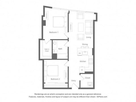 Floor plan for 1 bed, 1 bath, 904 sqft